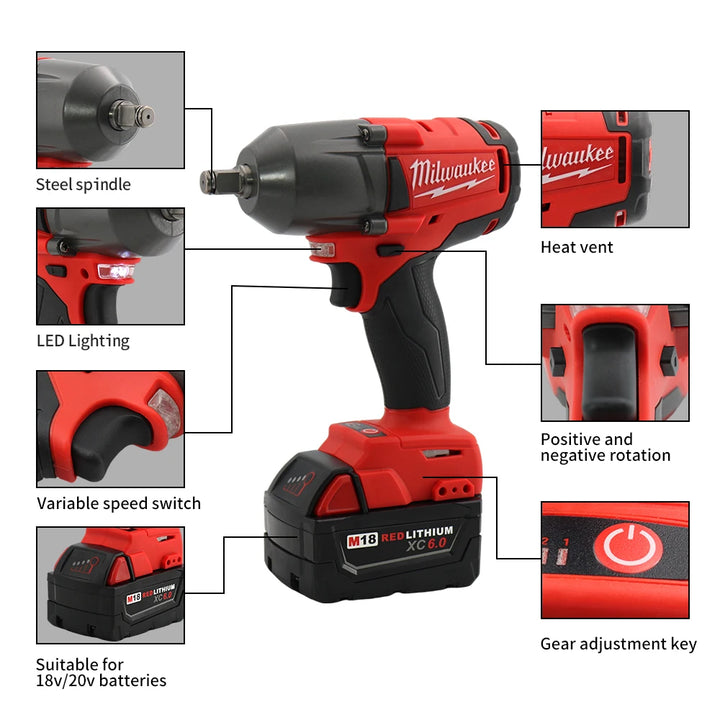 Milwaukee High Torque Impact Professional Wrench Rechargeable 18V Lithium Battery Car Truck Repair Brushless Power Tools - Tawoos Brand